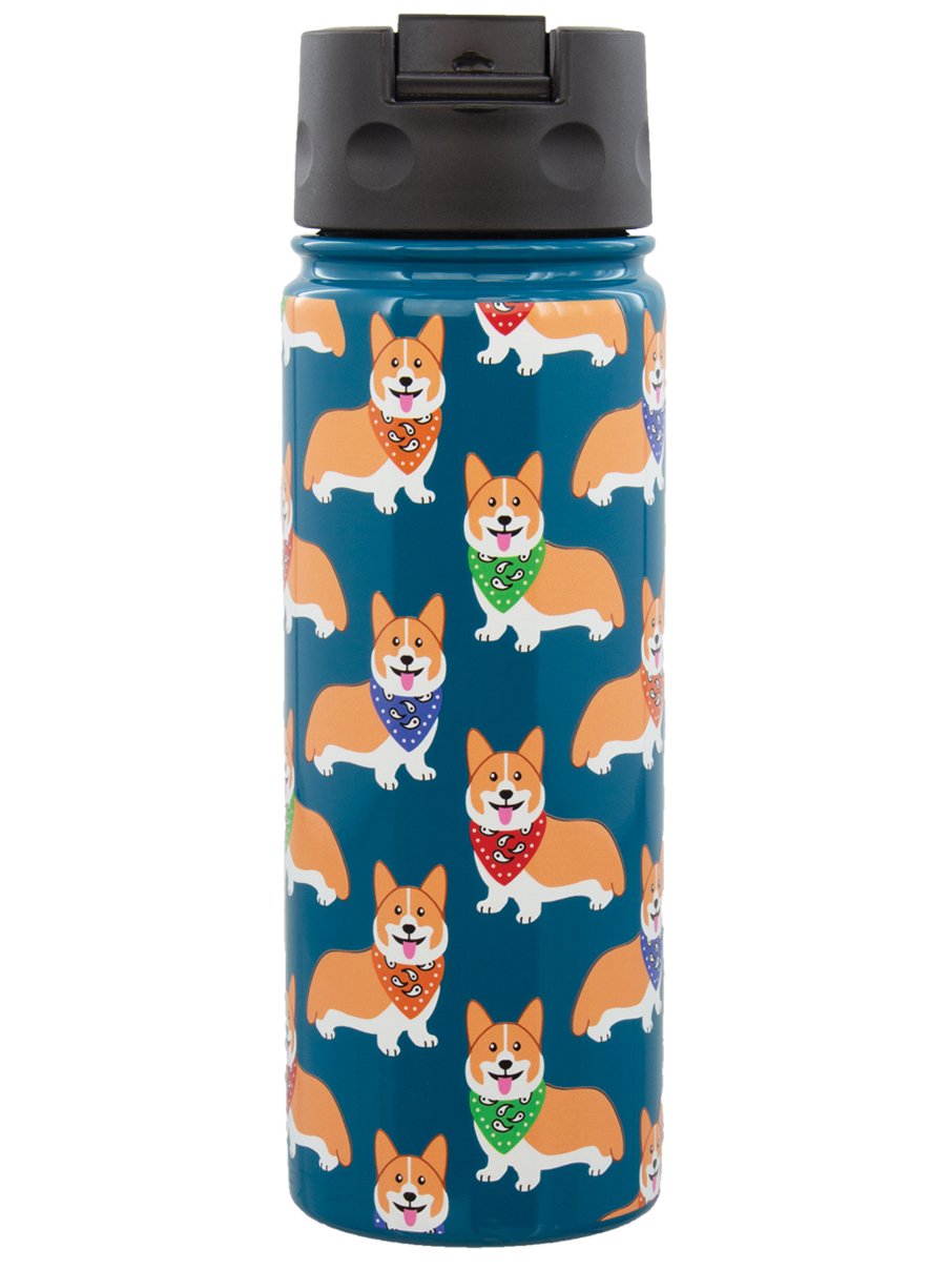A stainless steel water bottle with a blue background featuring a pattern of corgi dogs in various poses.