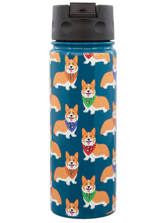 A stainless steel water bottle with a blue background featuring a pattern of corgi dogs in various poses.