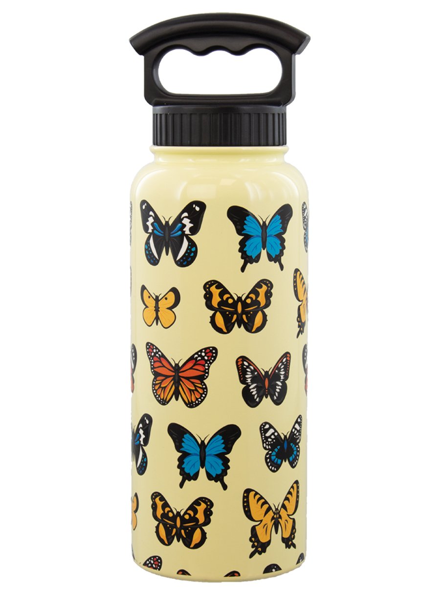 A stainless steel water bottle with a yellow background featuring a pattern of colorful butterflies. The bottle has a black 3-finger lid.