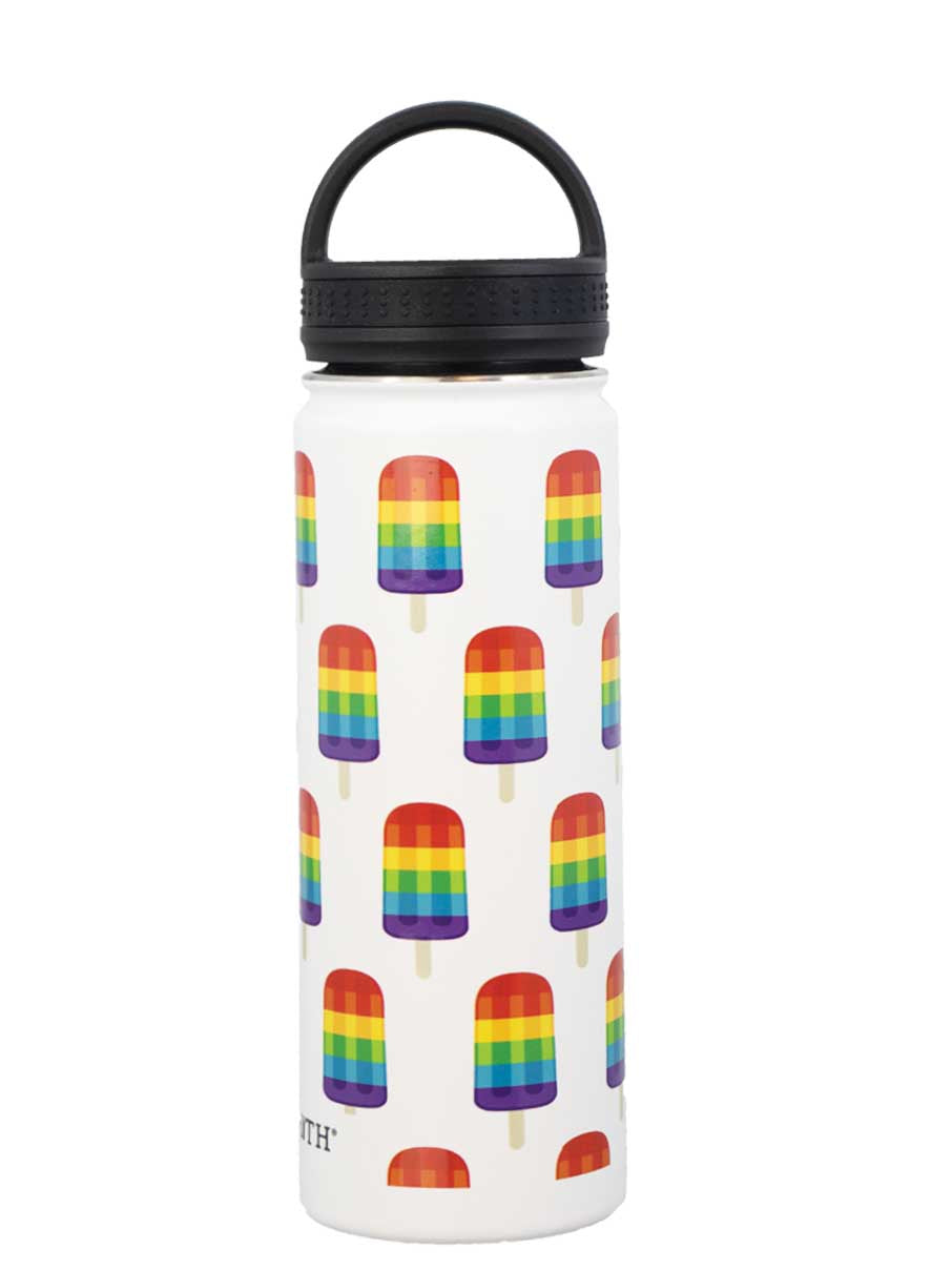 A white stainless steel water bottle with a pattern of colorful popsicles, featuring a black loop lid.