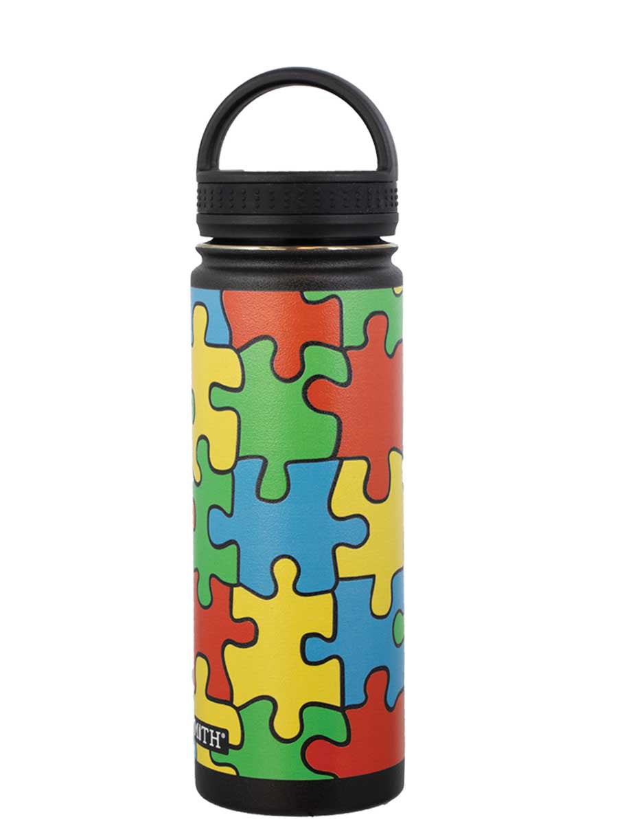 A stainless steel water bottle with a multicolored puzzle piece design.