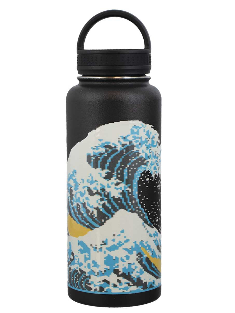 A black stainless steel water bottle with a graphic of a wave on it, featuring a loop lid and carrying handle.